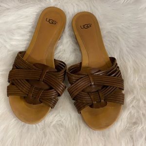 Brown leather UGG slide on woven sandal size 8.5